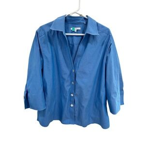 Foxcroft Womens 20W Blue Non Iron Shaped Button Down 3/4 Sleeve Top